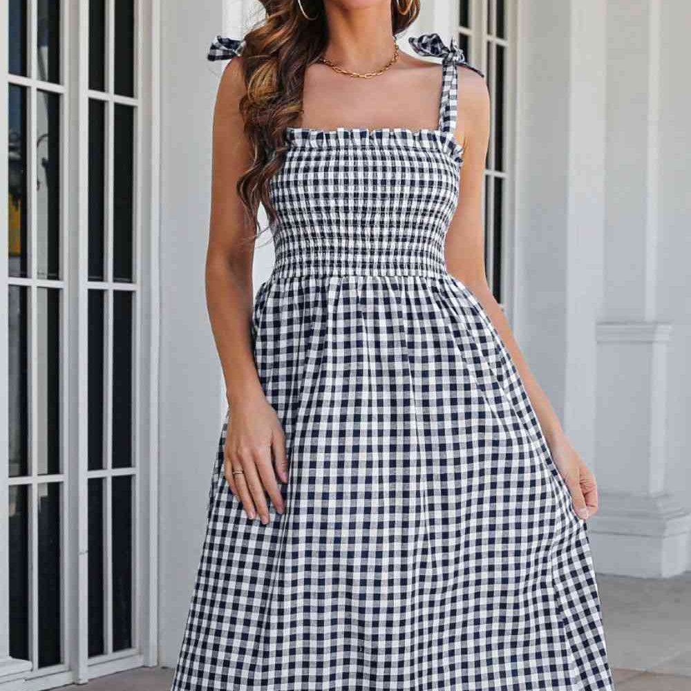 Plaid Frill Trim Tie Shoulder Dress - Stormyjay