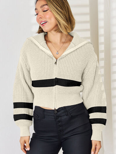Striped Zip Up Dropped Shoulder Cardigan - Stormyjay