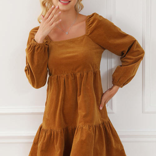 Square Neck Long Sleeve Tiered Dress