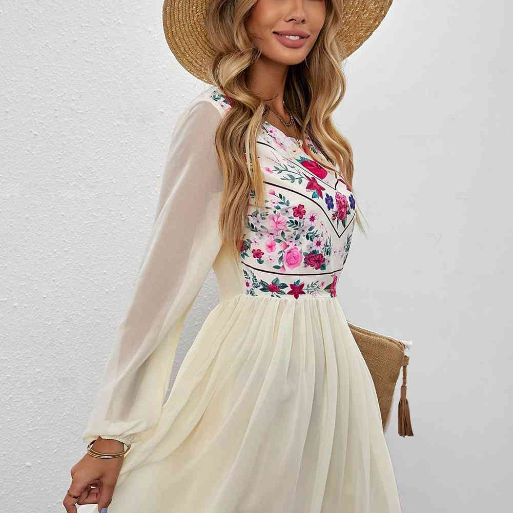 Floral Mesh Sleeve Lined Dress - Stormyjay