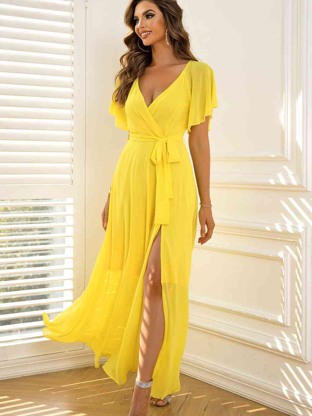 Tie Waist Flutter Sleeve Maxi Dress