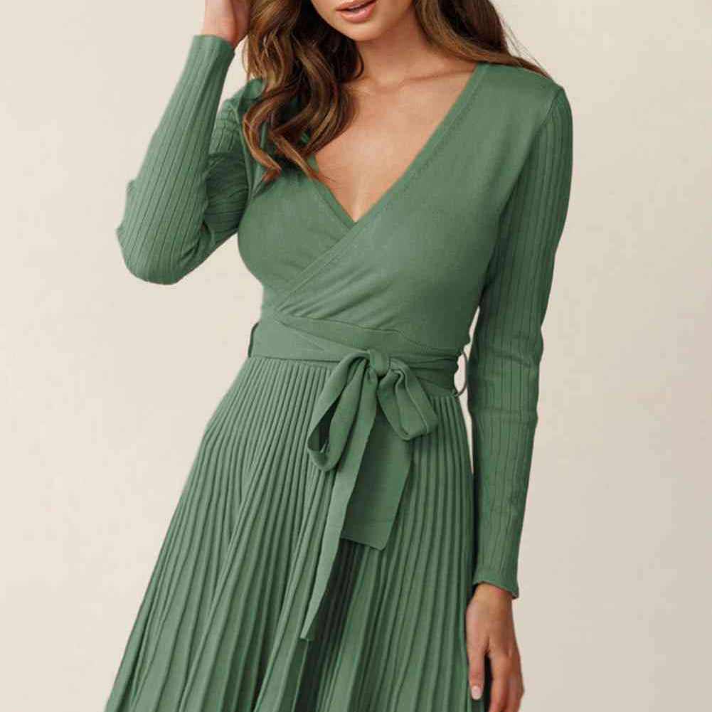 Surplice Neck Tie Waist Pleated Dress - Stormyjay