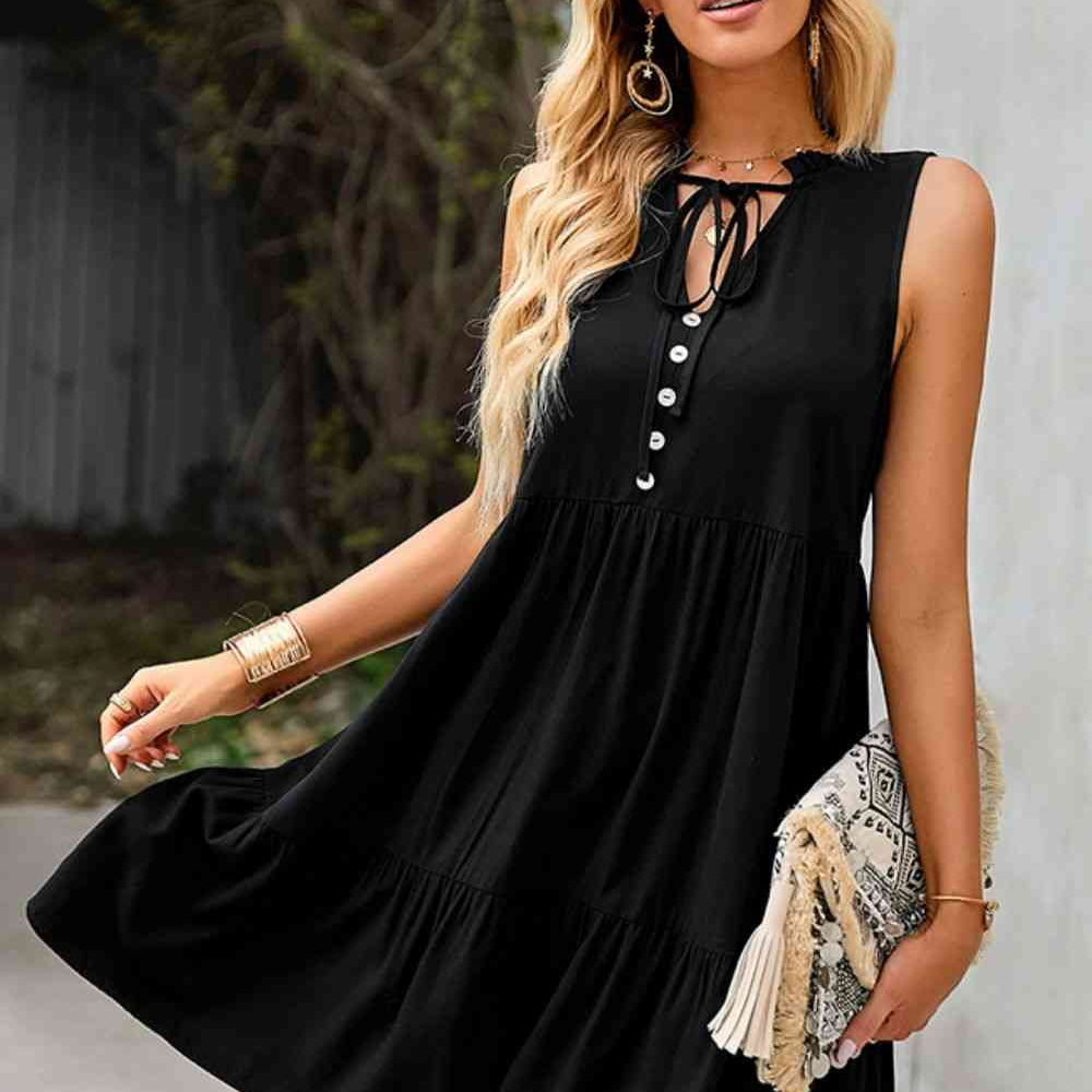 Tie Neck Tiered Dress with Decorative Buttons - Stormyjay