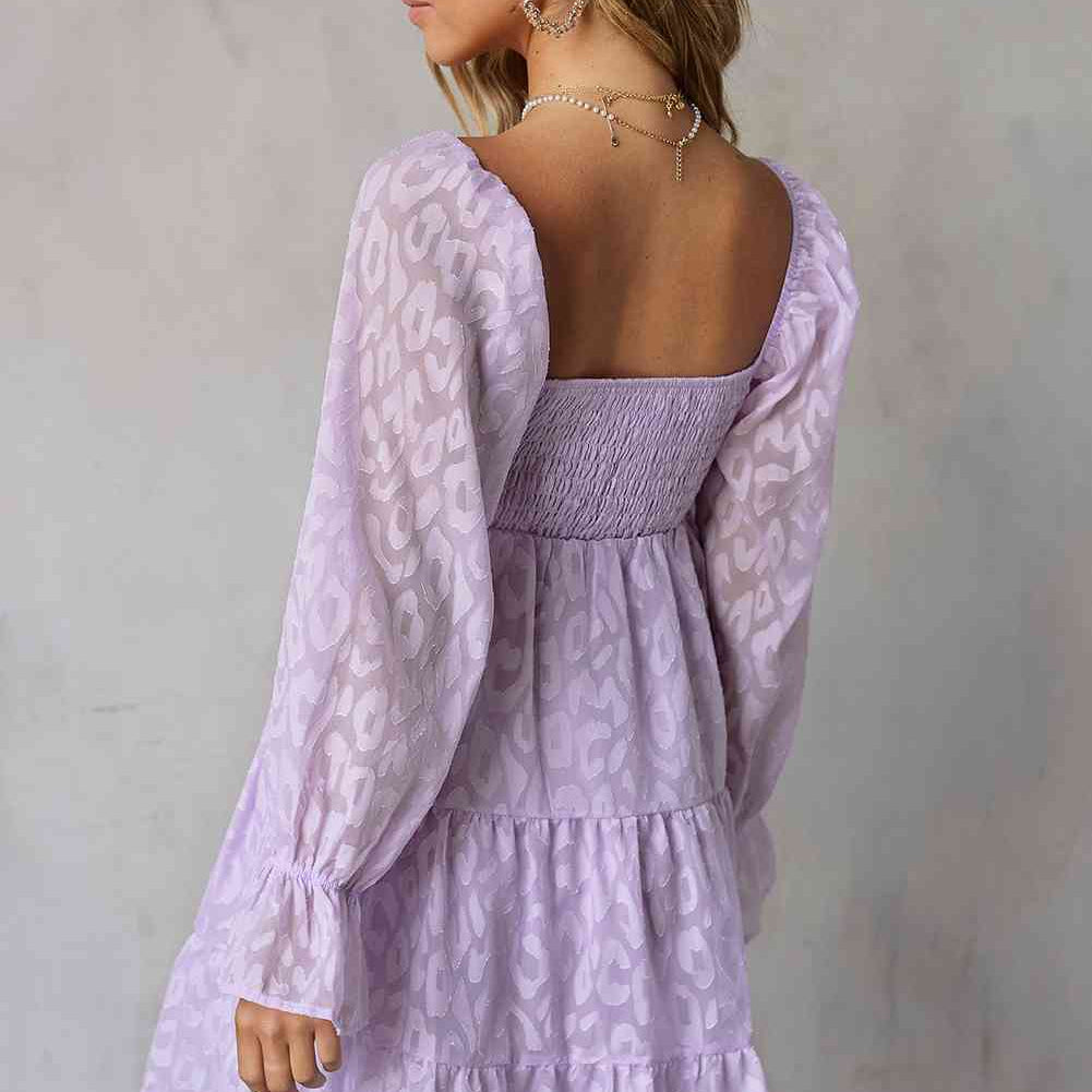 Leopard Applique Flounce Sleeve Smocked Tiered Dress - Stormyjay