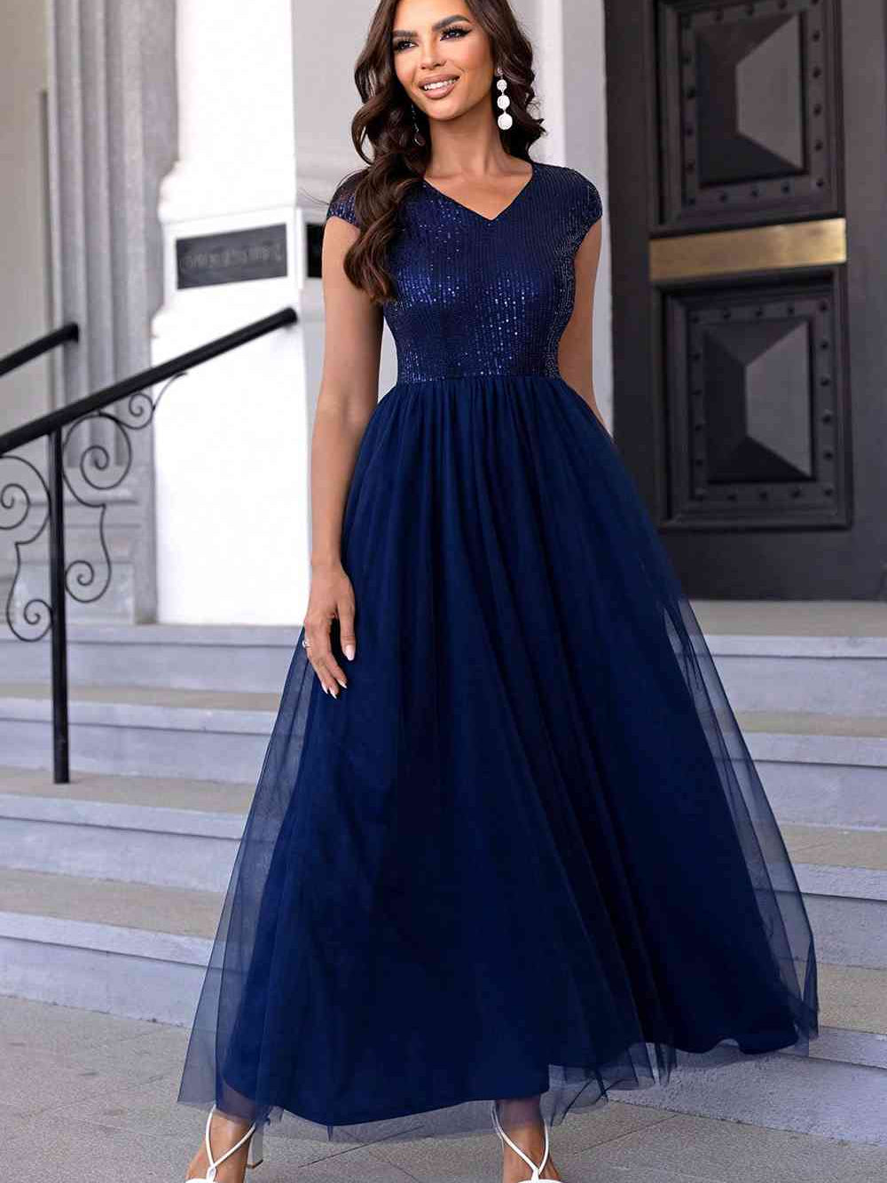 Sequin V-Neck Mesh Maxi Dress