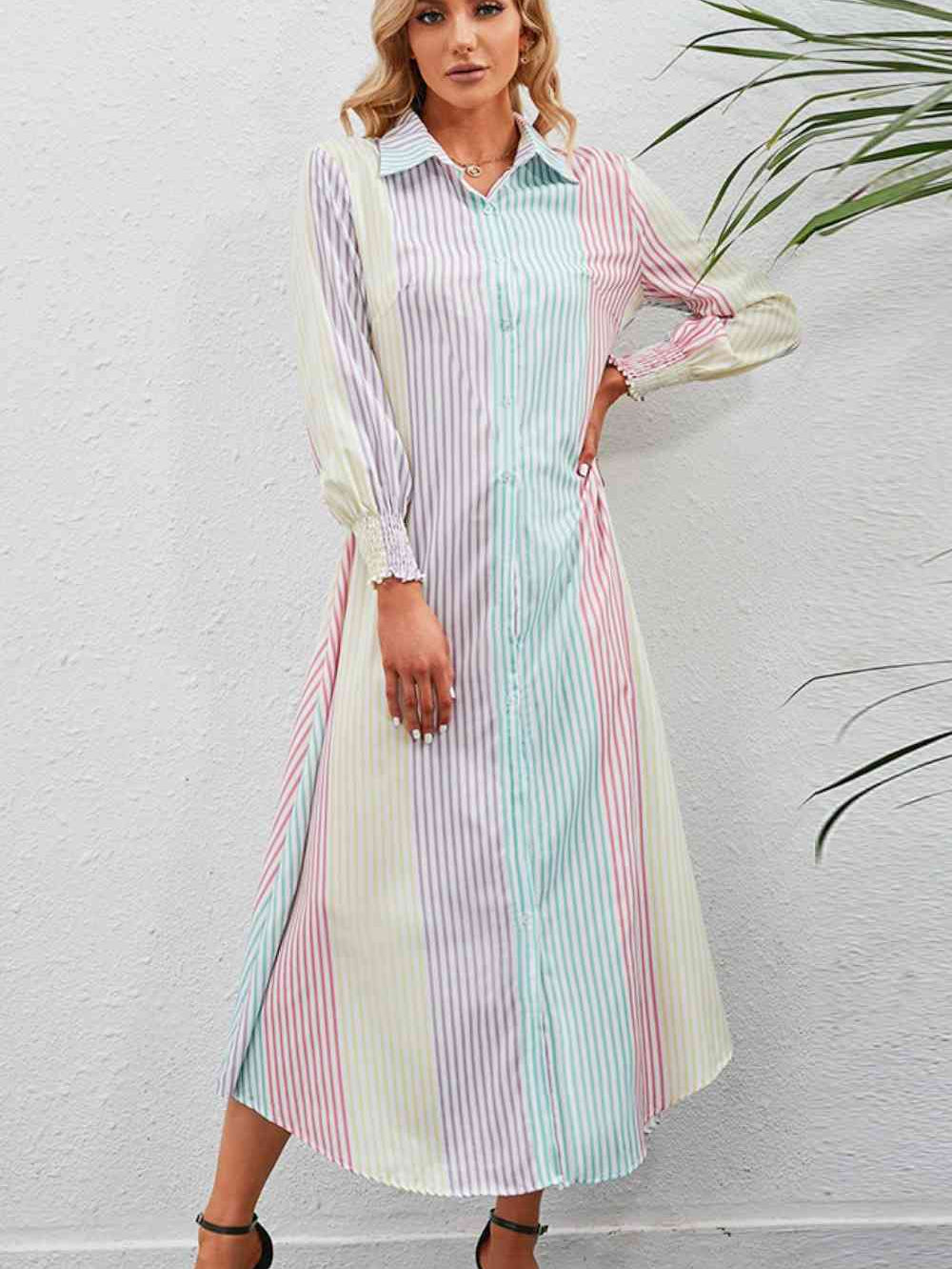 Rainbow Stripe Button-Up Maxi Shirt Dress - Stormyjay