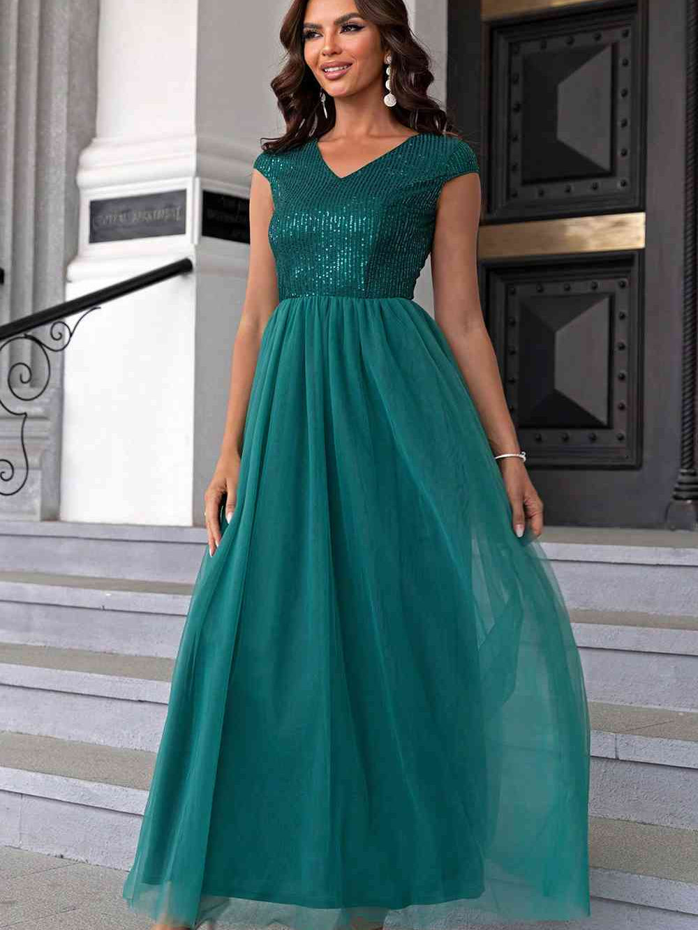 Sequin V-Neck Mesh Maxi Dress