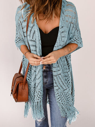 Openwork Open Front Cardigan with Fringes - Stormyjay
