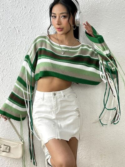 Fringe Striped Round Neck Knit Top - Stormyjay