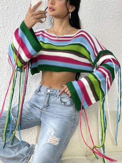 Fringe Striped Round Neck Knit Top - Stormyjay