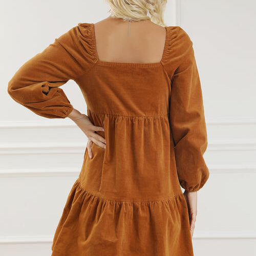 Square Neck Long Sleeve Tiered Dress