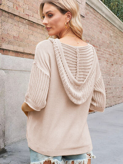 Openwork Drawstring Hooded Half Sleeve Knit Top - Stormyjay