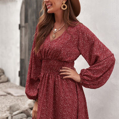 Smocked V-Neck Balloon Sleeve Dress