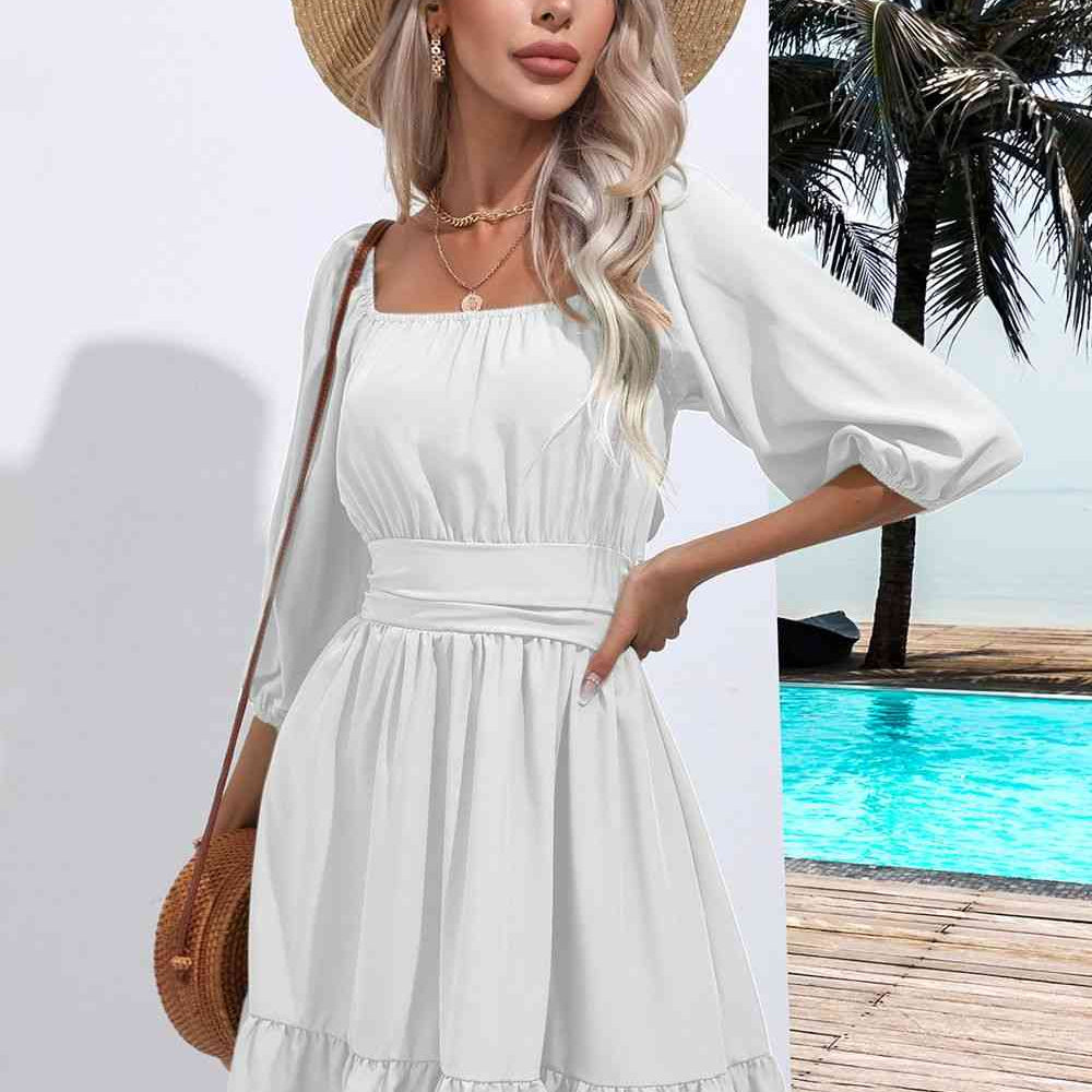 Square Neck Tie Back Ruffle Hem Dress