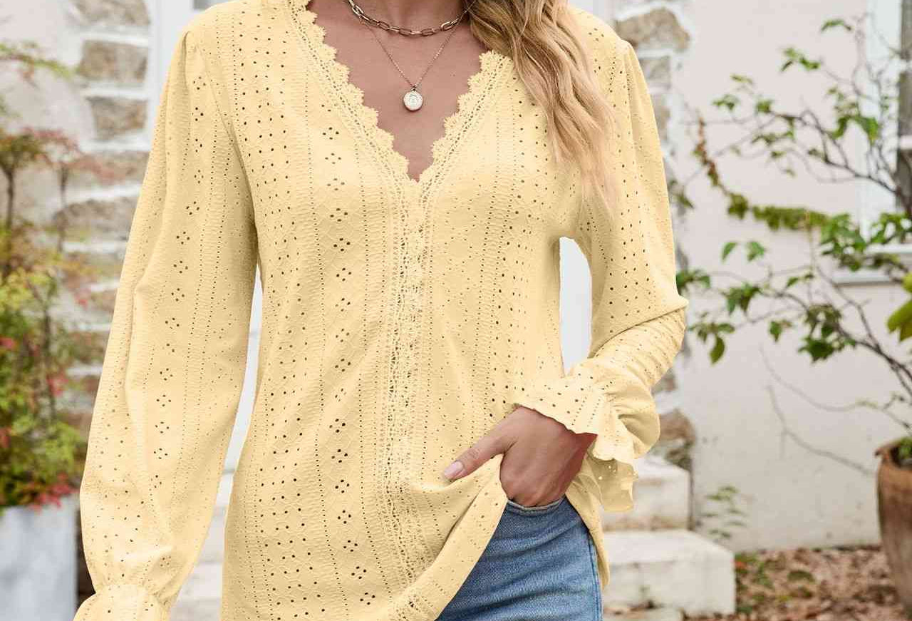 Eyelet Lace Trim Flounce Sleeve Blouse