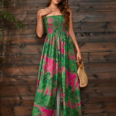 Slit Smocked Printed Spaghetti Strap Dress - Stormyjay
