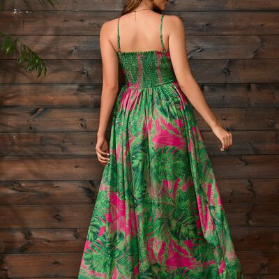 Slit Smocked Printed Spaghetti Strap Dress - Stormyjay