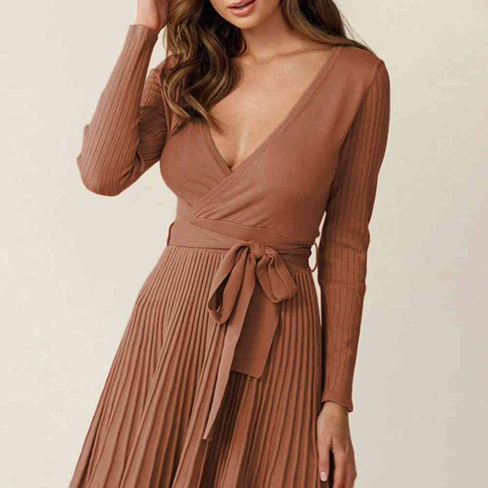 Surplice Neck Tie Waist Pleated Dress - Stormyjay