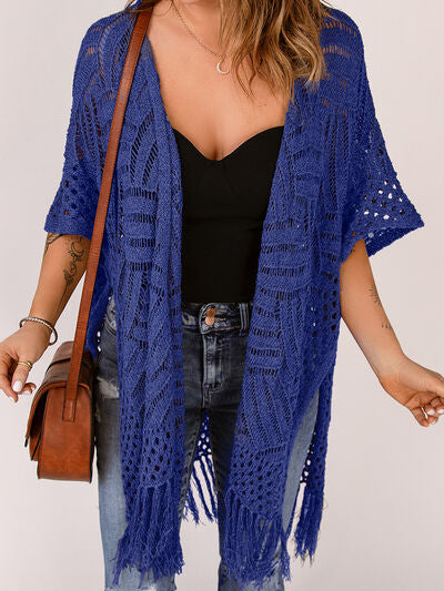 Openwork Open Front Cardigan with Fringes - Stormyjay