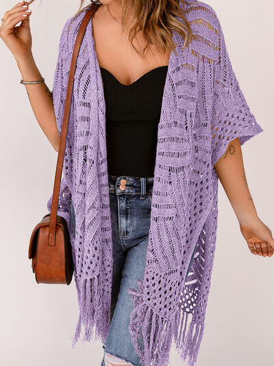 Openwork Open Front Cardigan with Fringes - Stormyjay