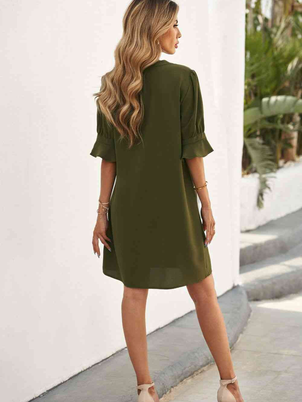 Puff Sleeve Notched Mini Shift Dress - Stormyjay