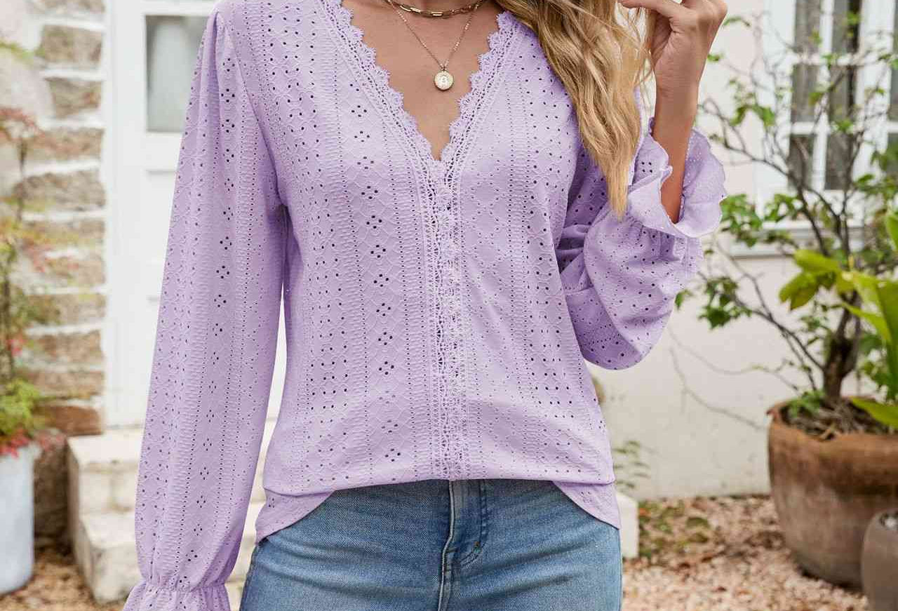 Eyelet Lace Trim Flounce Sleeve Blouse