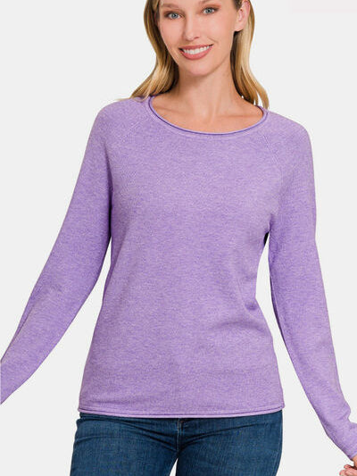 Zenana Rolled Round Neck Long Sleeve Sweater - Stormyjay