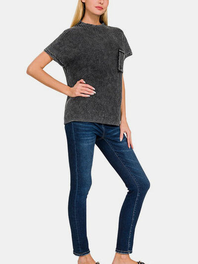 Zenana Pocketed Mock Neck Short Sleeve Sweater - Stormyjay