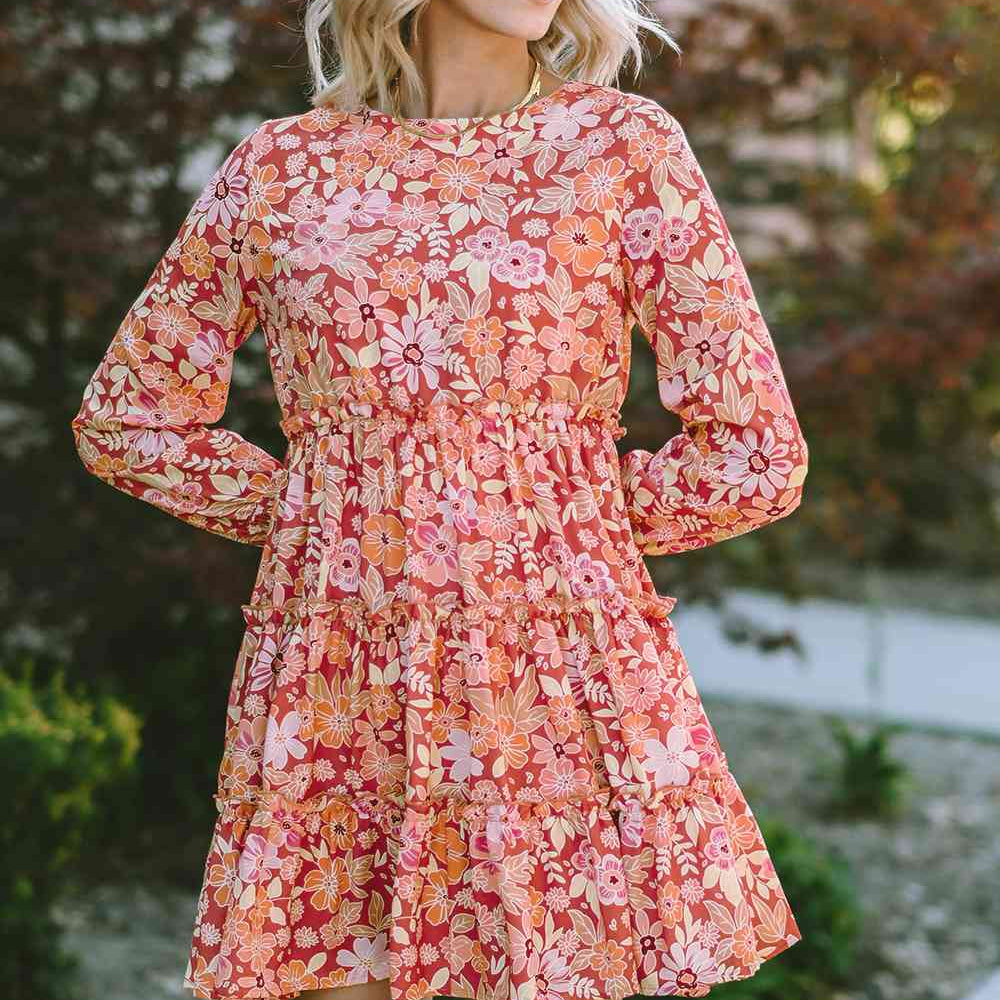 Floral Print Round Neck Long Sleeve Tiered Dress