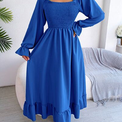 Smocked Square Neck Flounce Sleeve Dress