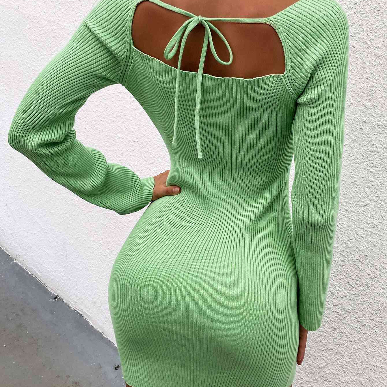 Tie Back Square Neck Long Sleeve Sweater Dress - Stormyjay