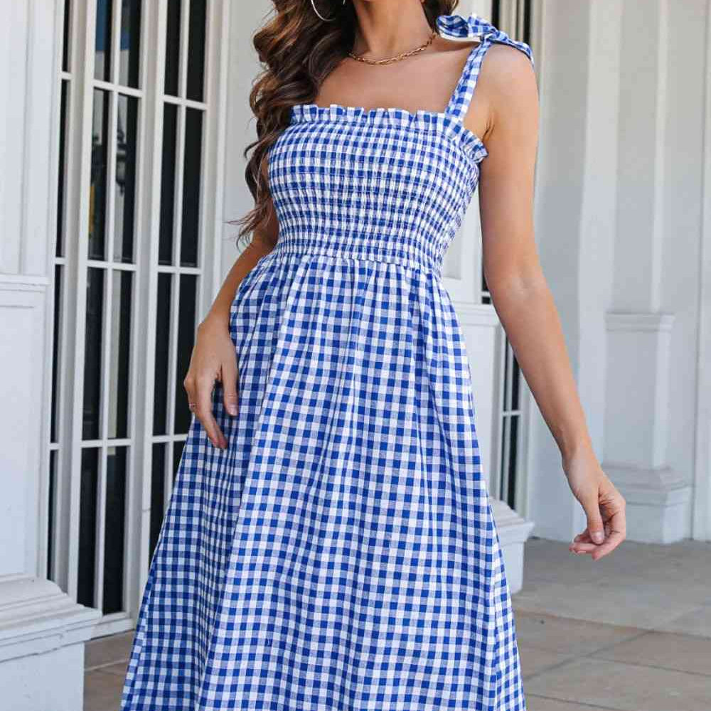 Plaid Frill Trim Tie Shoulder Dress - Stormyjay