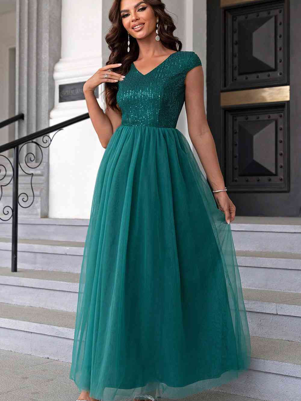 Sequin V-Neck Mesh Maxi Dress