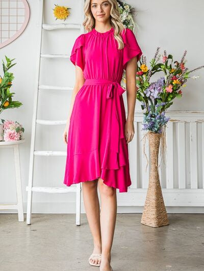 Reborn J Tie Waist Ruffle Trim Short Sleeve Dress - Stormyjay
