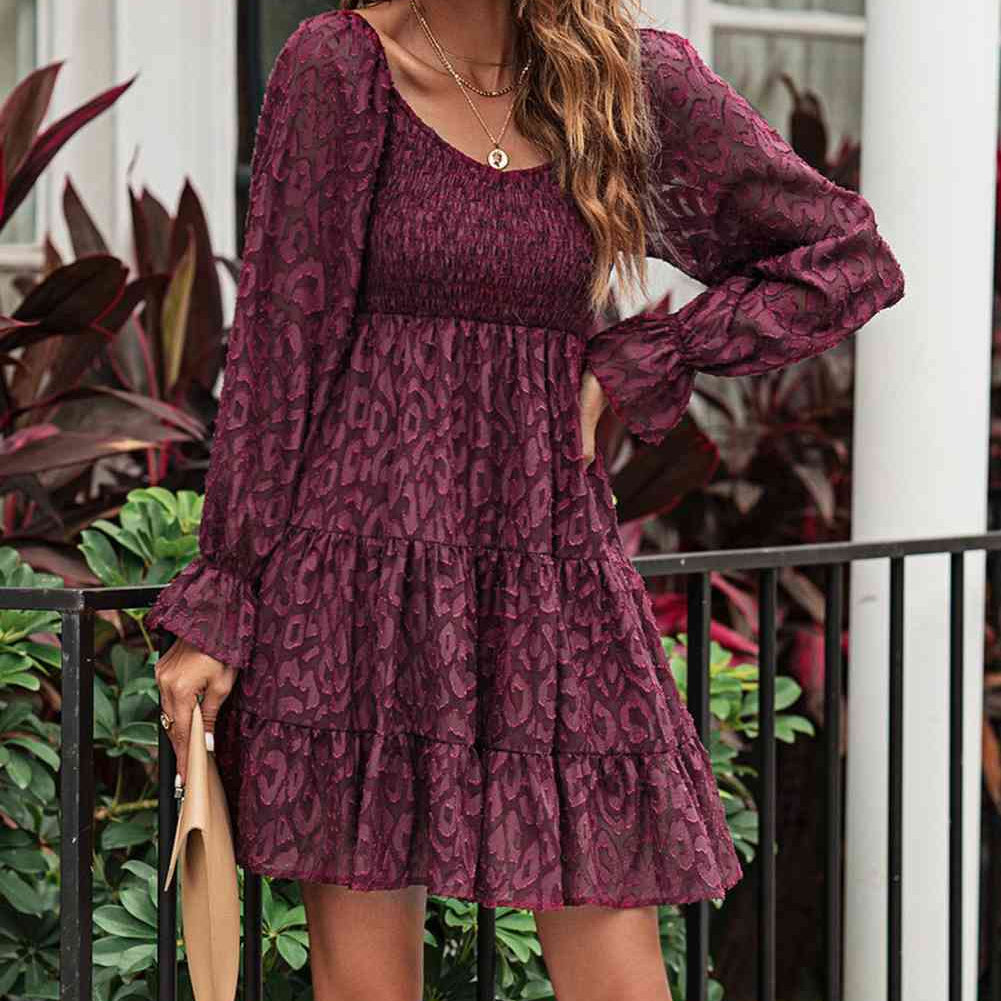 Leopard Applique Flounce Sleeve Smocked Tiered Dress - Stormyjay