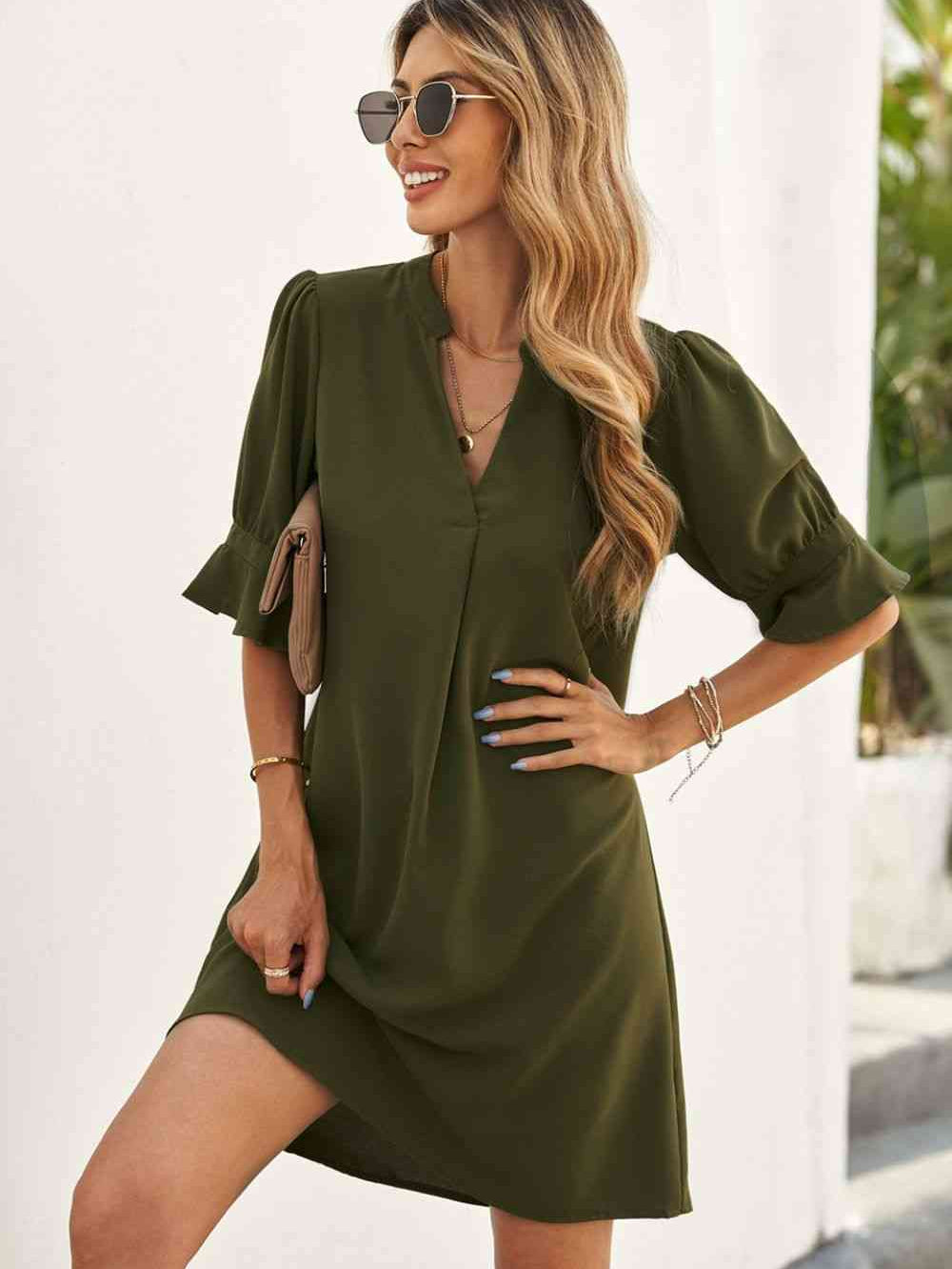 Puff Sleeve Notched Mini Shift Dress - Stormyjay