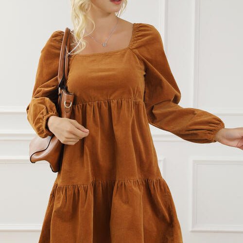 Square Neck Long Sleeve Tiered Dress