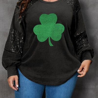 Plus Size Lucky Clover Sequin Round Neck Blouse