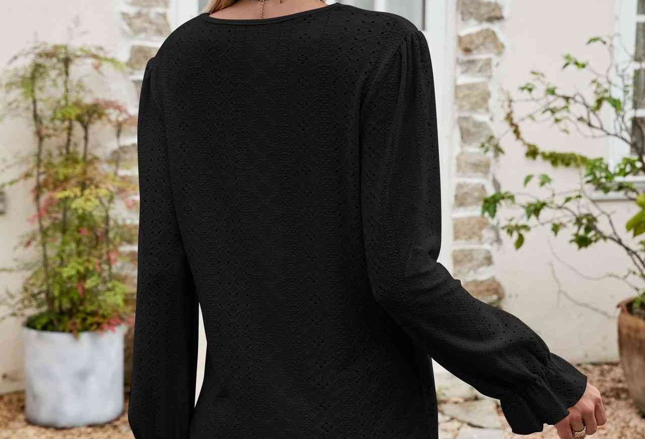 Eyelet Lace Trim Flounce Sleeve Blouse