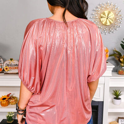 Tie Neck Metallic Half Sleeve T-Shirt