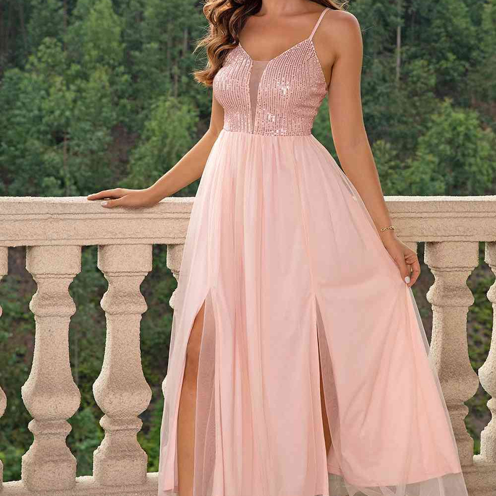 Spaghetti Strap Slit Mesh Dress