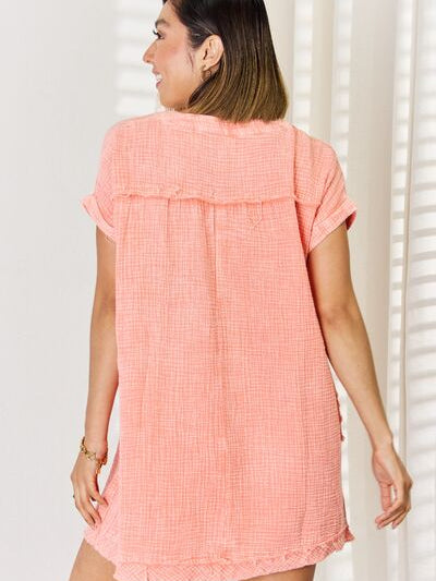 Zenana Washed Nochted Rolled Short Sleeve Dress - Stormyjay