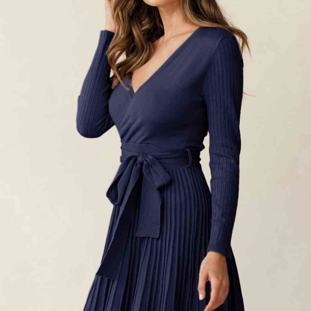 Surplice Neck Tie Waist Pleated Dress - Stormyjay