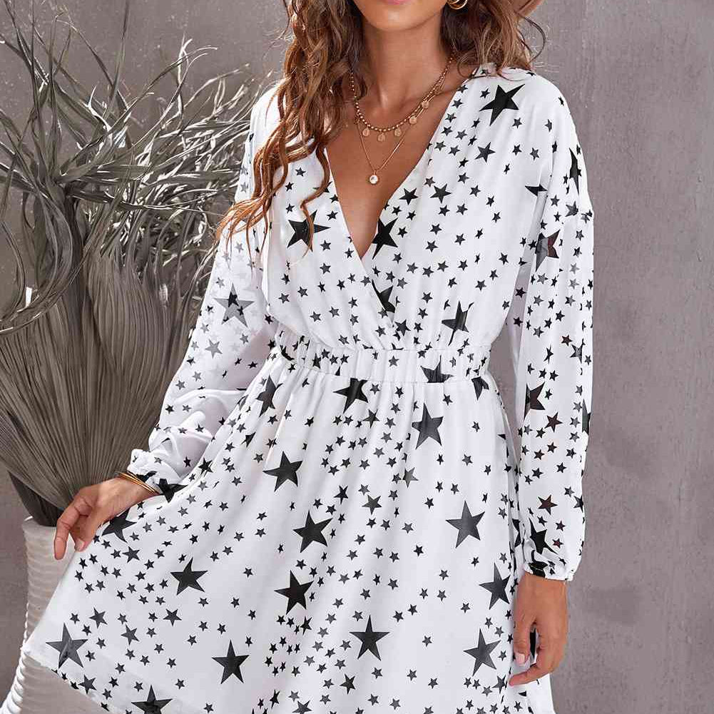 Star Print Dropped Shoulder Surplice Dress - Stormyjay
