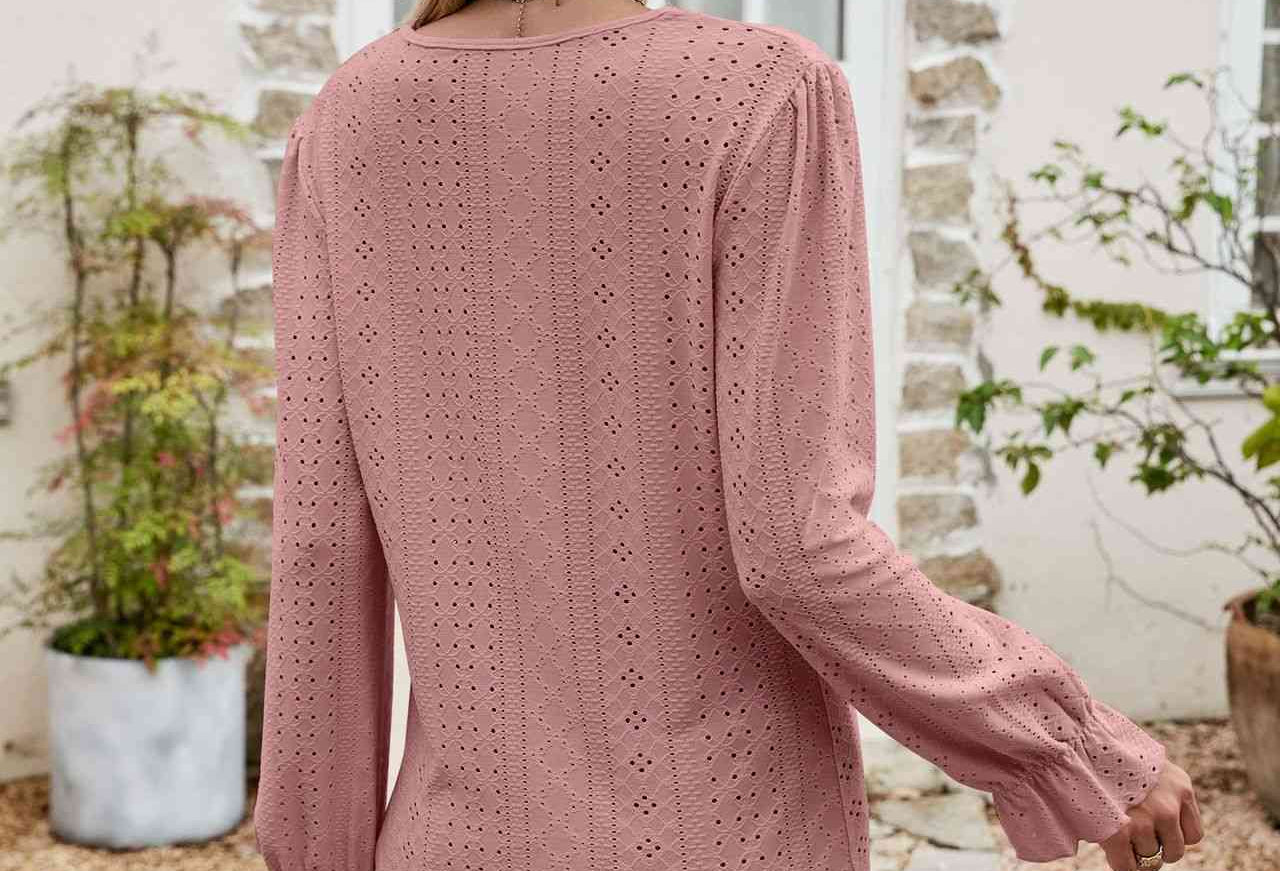 Eyelet Lace Trim Flounce Sleeve Blouse