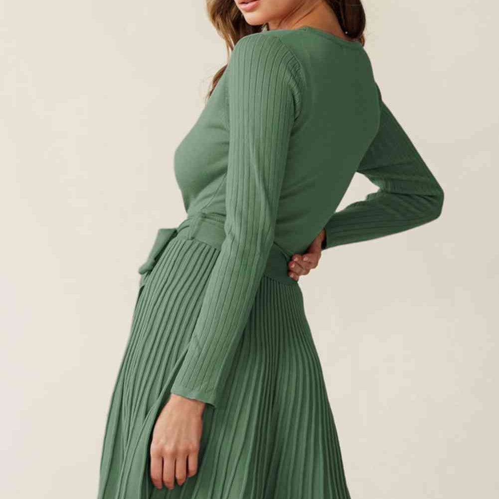 Surplice Neck Tie Waist Pleated Dress - Stormyjay