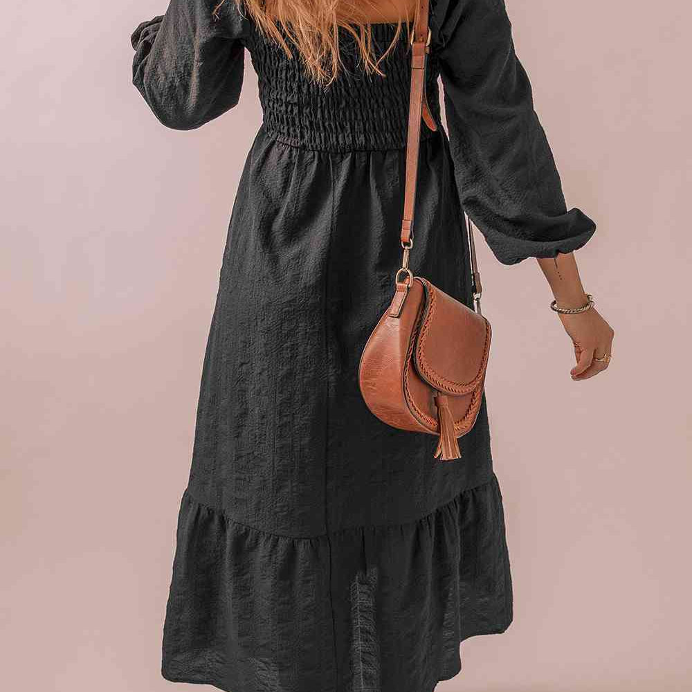 Square Neck Smocked Long Sleeve Dress