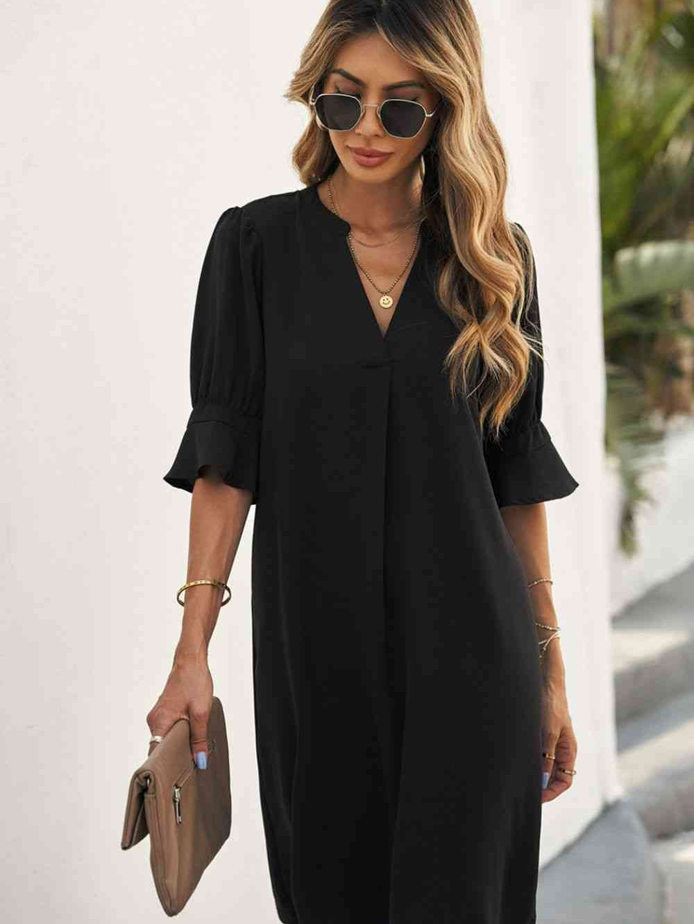 Puff Sleeve Notched Mini Shift Dress - Stormyjay