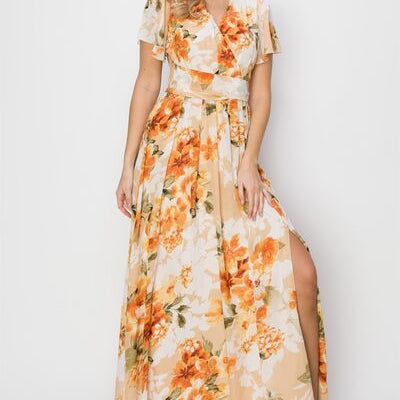 HYFVE Floral Tie Back Short Sleeve Slit Maxi Dress - Stormyjay