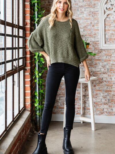 Veveret Round Neck Roll-Up Sweater - Stormyjay